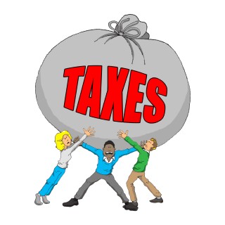 people holding up a large bag labeled taxes